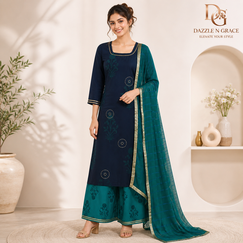 Midnight Teal Botanical Print Kurta with Gold Piping, Striped Pant & Crinkle Dupatta | Festive Ethnic Set