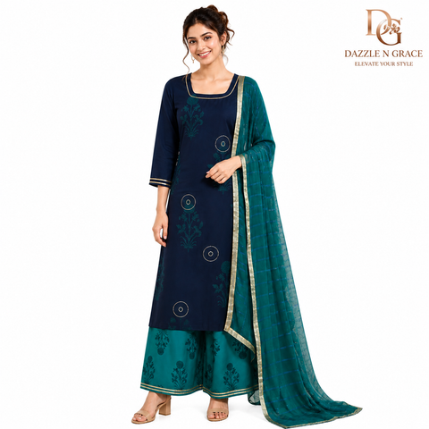 Midnight Teal Botanical Print Kurta with Gold Piping, Striped Pant & Crinkle Dupatta | Festive Ethnic Set