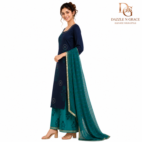 Midnight Teal Botanical Print Kurta with Gold Piping, Striped Pant & Crinkle Dupatta | Festive Ethnic Set