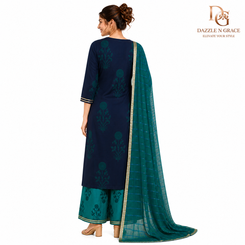 Midnight Teal Botanical Print Kurta with Gold Piping, Striped Pant & Crinkle Dupatta | Festive Ethnic Set