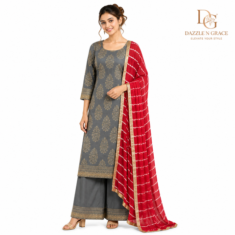 Charcoal Grey Gold Buta Print Kurta with Red Leheriya Dupatta | Festive Ethnic 2-Piece Set
