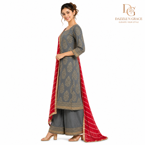 Charcoal Grey Gold Buta Print Kurta with Red Leheriya Dupatta | Festive Ethnic 2-Piece Set