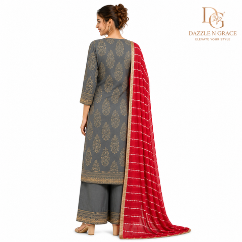 Charcoal Grey Gold Buta Print Kurta with Red Leheriya Dupatta | Festive Ethnic 2-Piece Set