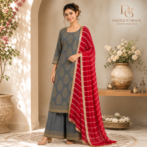 Charcoal Grey Gold Buta Print Kurta with Red Leheriya Dupatta | Festive Ethnic 2-Piece Set