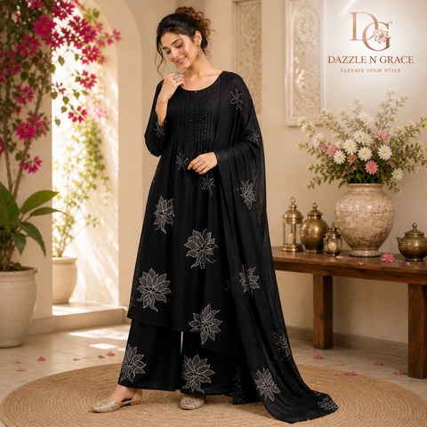 Black Floral Print Salwar Suit Set with Dupatta | Pintuck Placket Ethnic Wear for Women