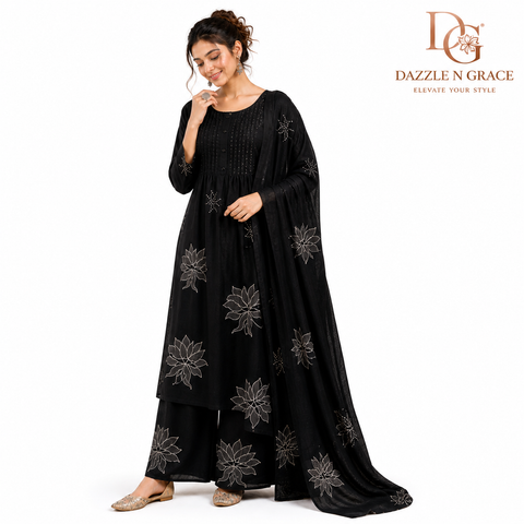 Black Floral Print Salwar Suit Set with Dupatta | Pintuck Placket Ethnic Wear for Women