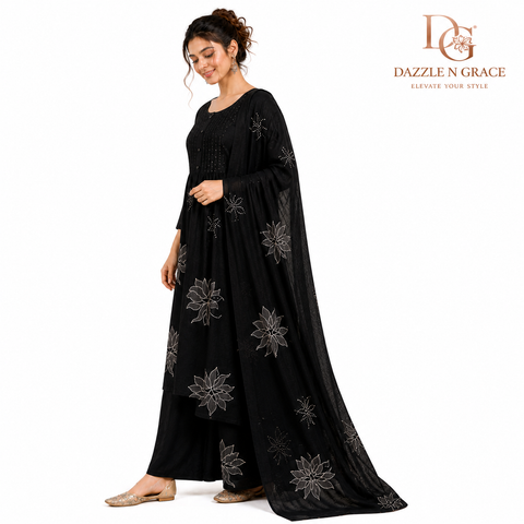 Black Floral Print Salwar Suit Set with Dupatta | Pintuck Placket Ethnic Wear for Women