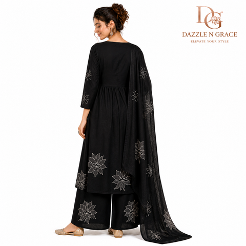 Black Floral Print Salwar Suit Set with Dupatta | Pintuck Placket Ethnic Wear for Women