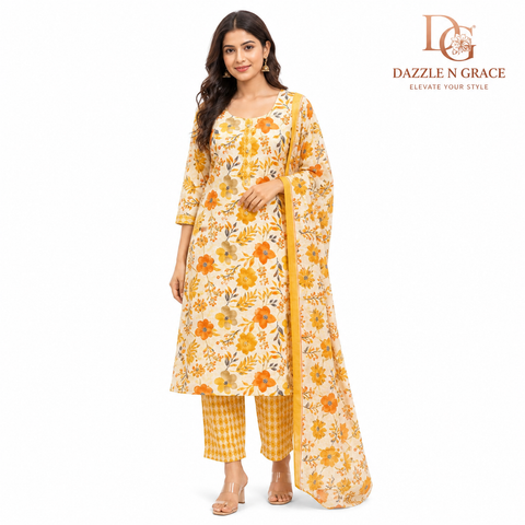 Sunlit Bloom Yellow Floral Printed Cotton Kurta with Thread Placket | Casual Daily Ethnic Wear