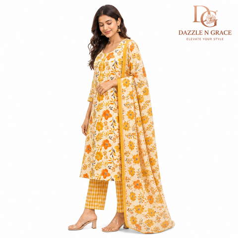 Sunlit Bloom Yellow Floral Printed Cotton Kurta with Thread Placket | Casual Daily Ethnic Wear