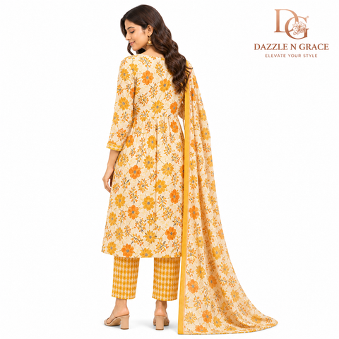Sunlit Bloom Yellow Floral Printed Cotton Kurta with Thread Placket | Casual Daily Ethnic Wear