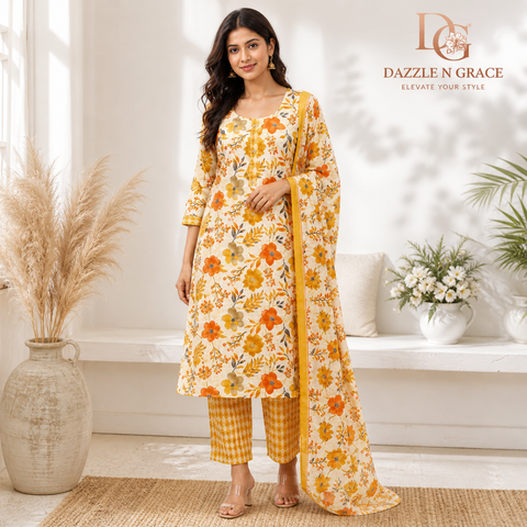 Sunlit Bloom Yellow Floral Printed Cotton Kurta with Thread Placket | Casual Daily Ethnic Wear