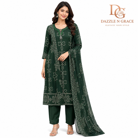 Olive Green Bandhani Inspired Salwar Suit with Tassel Neckline & Dupatta | Festive Ethnic Wear