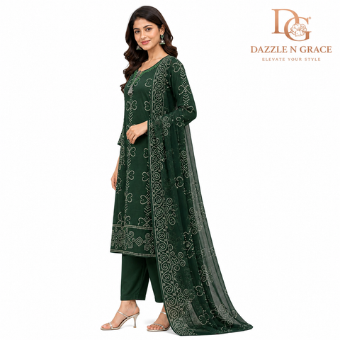 Olive Green Bandhani Inspired Salwar Suit with Tassel Neckline & Dupatta | Festive Ethnic Wear