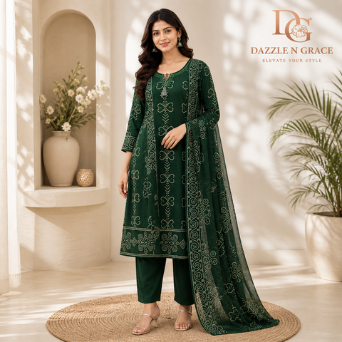 Olive Green Bandhani Inspired Salwar Suit with Tassel Neckline & Dupatta | Festive Ethnic Wear