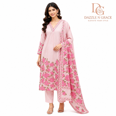 Aesha Pink Floral Printed Kurti with Pant & Dupatta Set | Casual Festive Ethnic Wear