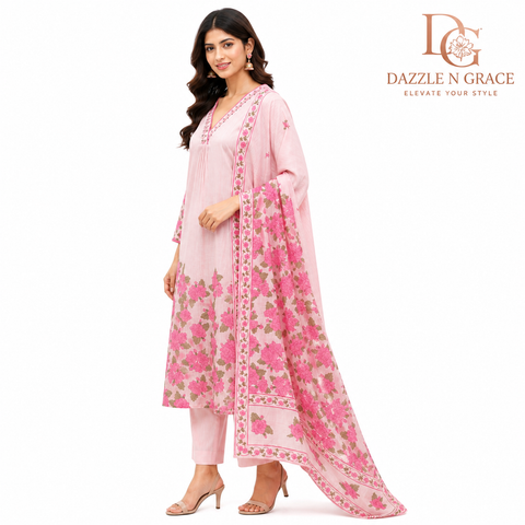 Aesha Pink Floral Printed Kurti with Pant & Dupatta Set | Casual Festive Ethnic Wear