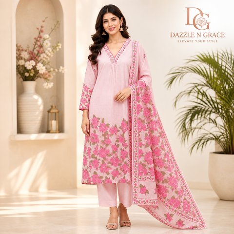 Aesha Pink Floral Printed Kurti with Pant & Dupatta Set | Casual Festive Ethnic Wear