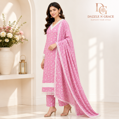 Blush Pink Floral Lace Trim Kurta with Eyelet Neckline & Crochet Fringe | Casual Ethnic Wear