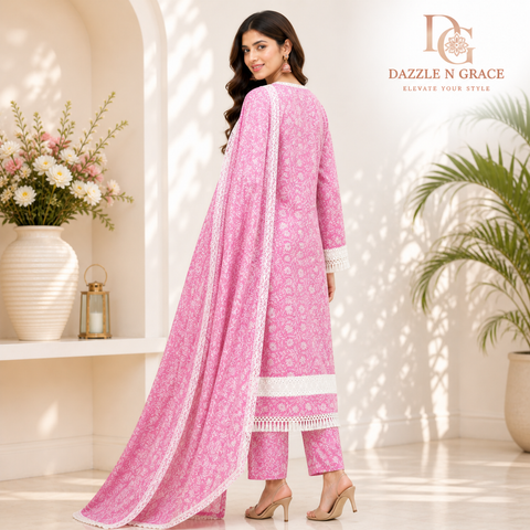 Blush Pink Floral Lace Trim Kurta with Eyelet Neckline & Crochet Fringe | Casual Ethnic Wear