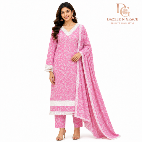 Blush Pink Floral Lace Trim Kurta with Eyelet Neckline & Crochet Fringe | Casual Ethnic Wear