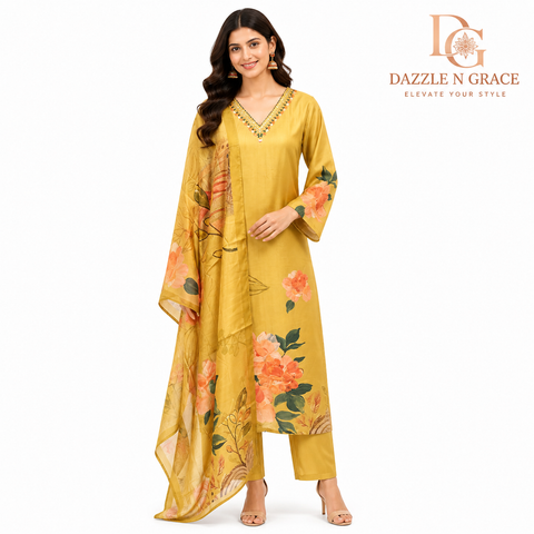 Mustard Yellow Floral Embroidered 3-Piece Suit Set with Mirror Neckline, Pant & Dupatta | Festive Ethnic Wear