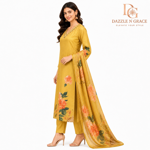 Mustard Yellow Floral Embroidered 3-Piece Suit Set with Mirror Neckline, Pant & Dupatta | Festive Ethnic Wear