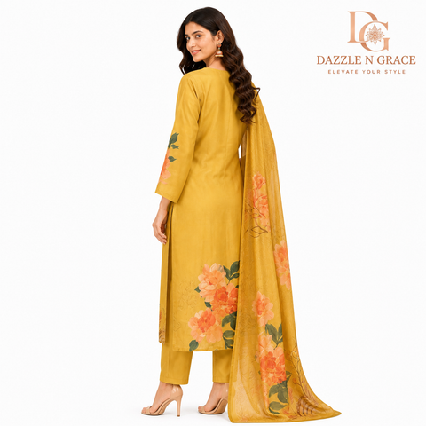 Mustard Yellow Floral Embroidered 3-Piece Suit Set with Mirror Neckline, Pant & Dupatta | Festive Ethnic Wear