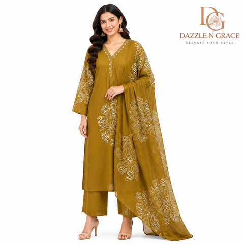 Aesha Mustard Yellow Floral Printed Kurti with Pant & Dupatta Set | Festive Ethnic Wear