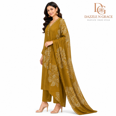 Aesha Mustard Yellow Floral Printed Kurti with Pant & Dupatta Set | Festive Ethnic Wear