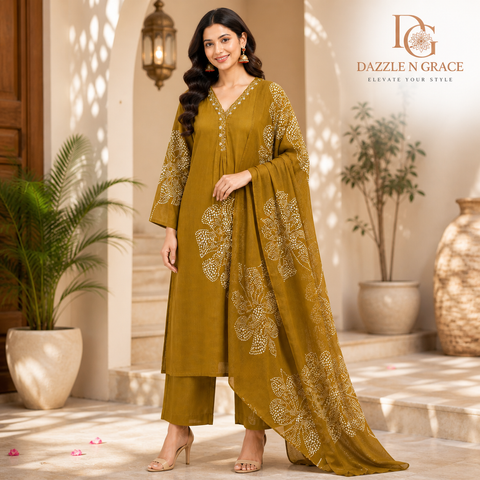 Aesha Mustard Yellow Floral Printed Kurti with Pant & Dupatta Set | Festive Ethnic Wear