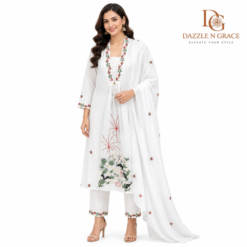 Ivory Chikankari Embroidered Salwar Suit Set with Dupatta | Elegant Festive Ethnic Wear
