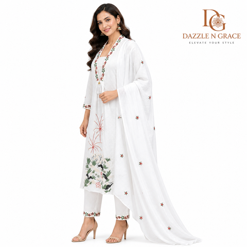 Ivory Chikankari Embroidered Salwar Suit Set with Dupatta | Elegant Festive Ethnic Wear