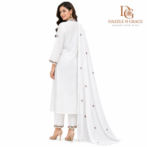 Ivory Chikankari Embroidered Salwar Suit Set with Dupatta | Elegant Festive Ethnic Wear