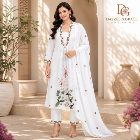 Ivory Chikankari Embroidered Salwar Suit Set with Dupatta | Elegant Festive Ethnic Wear