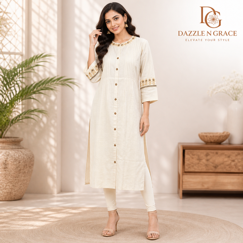 Ivory Embroidered Button-Down Long Kurti