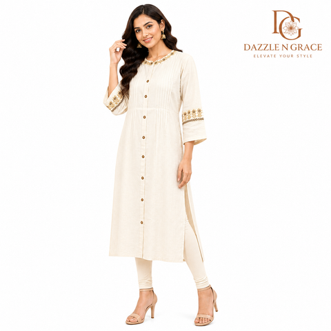 Ivory Embroidered Button-Down Long Kurti