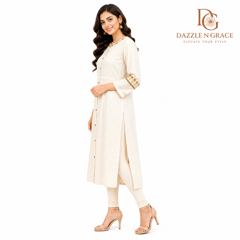 Ivory Embroidered Button-Down Long Kurti