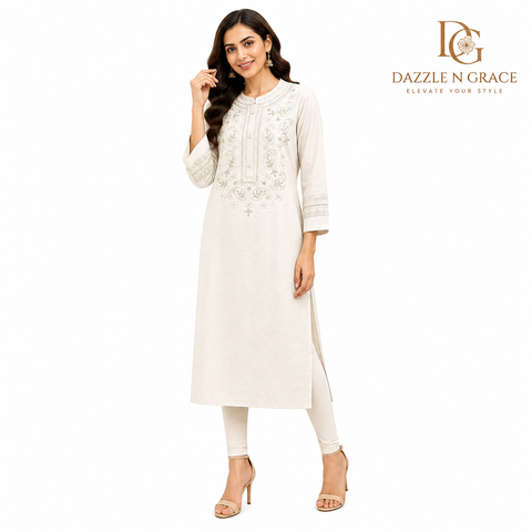 Off-White Heavy Embroidered Straight Long Kurti