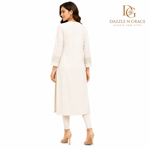 Off-White Heavy Embroidered Straight Long Kurti