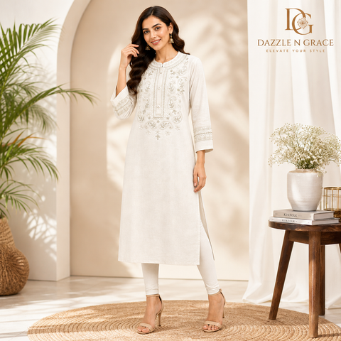 Off-White Heavy Embroidered Straight Long Kurti