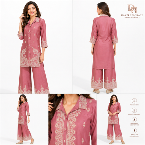 Puja Peach Pink Heavy Embroidered Coord Set | White Thread Scallop Shirt-Style | Festive Ethnic