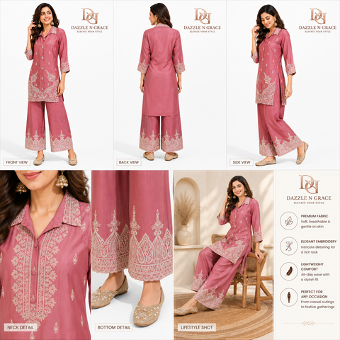 Puja Peach Pink Heavy Embroidered Coord Set | White Thread Scallop Shirt-Style | Festive Ethnic