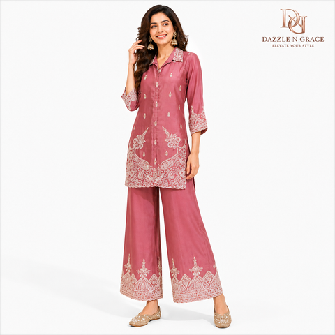 Puja Peach Pink Heavy Embroidered Coord Set | White Thread Scallop Shirt-Style | Festive Ethnic