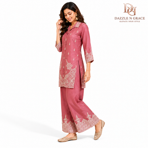 Puja Peach Pink Heavy Embroidered Coord Set | White Thread Scallop Shirt-Style | Festive Ethnic