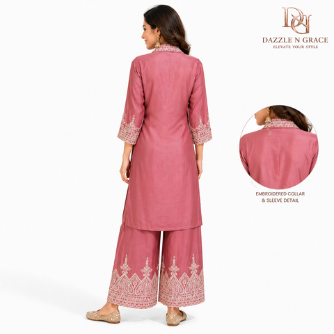 Puja Peach Pink Heavy Embroidered Coord Set | White Thread Scallop Shirt-Style | Festive Ethnic