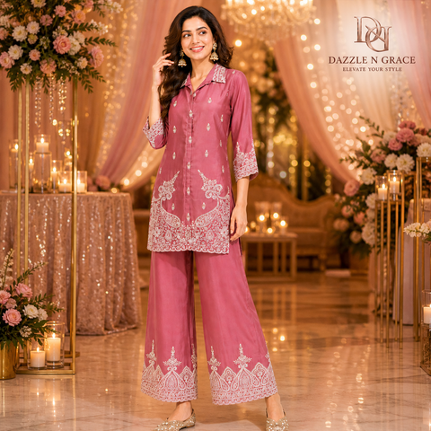 Puja Peach Pink Heavy Embroidered Coord Set | White Thread Scallop Shirt-Style | Festive Ethnic