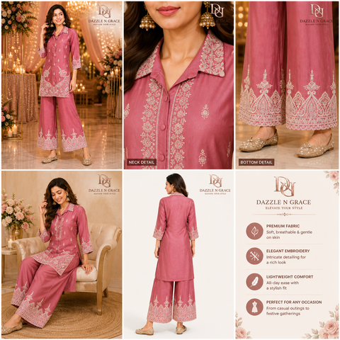 Puja Peach Pink Heavy Embroidered Coord Set | White Thread Scallop Shirt-Style | Festive Ethnic