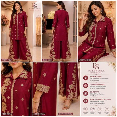 Puja Magenta Floral Embroidered Coord Set | Golden Thread Shirt-Style | Festive Ethnic Party