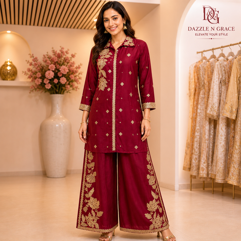 Puja Magenta Floral Embroidered Coord Set | Golden Thread Shirt-Style | Festive Ethnic Party